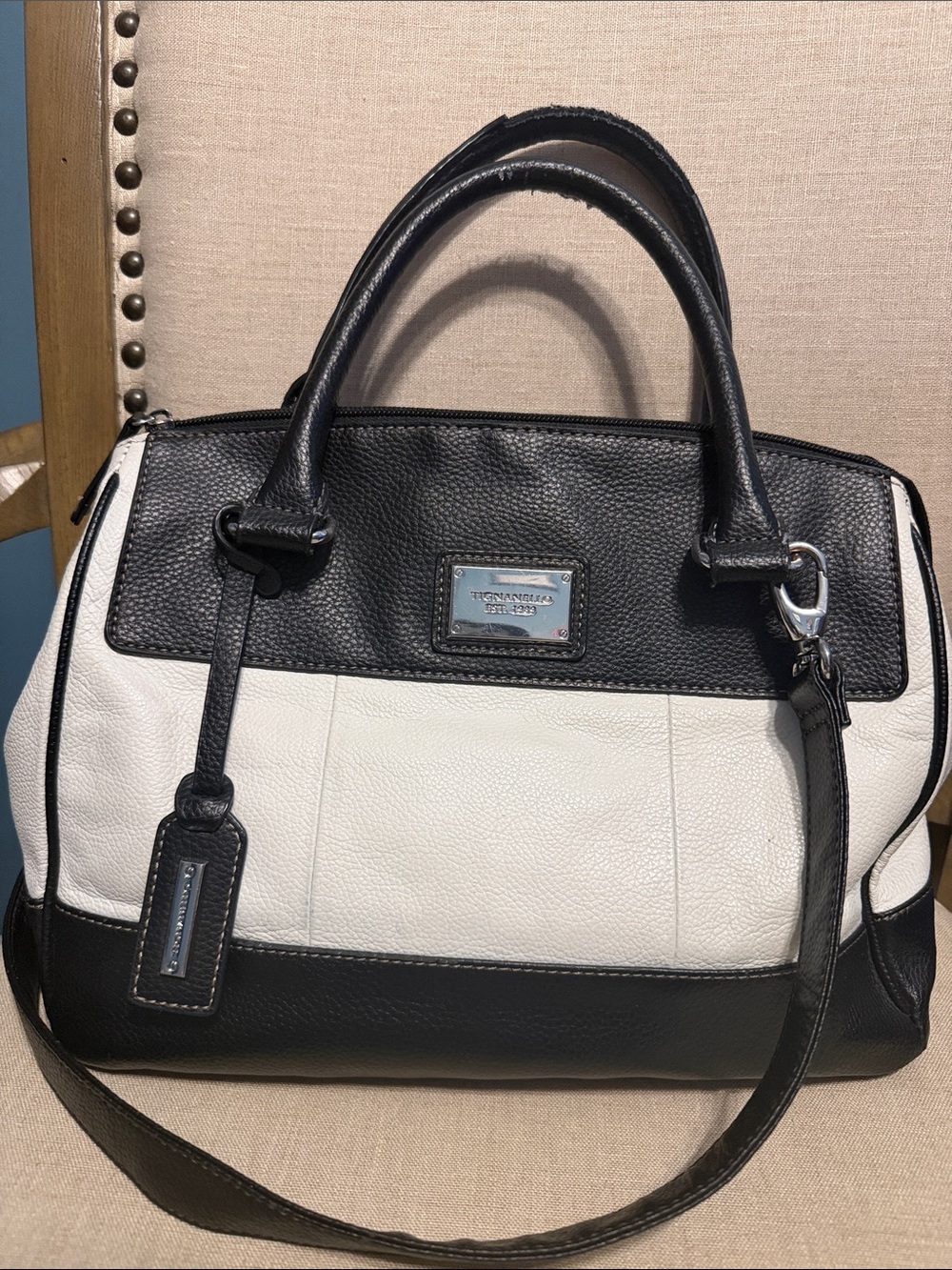 Tignanello Black and White Leather Satchel WELL LOVED HANDLES